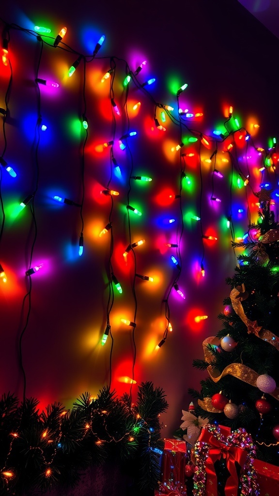 Christmas lights wallpaper design with colorful twinkling lights on a dark background, enhancing a festive home decor setting.